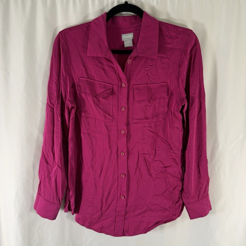 Chico's Button Up Shirt Women's 4/6 Pink Collared Long Sleeve Pockets